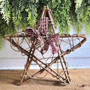 Twig Plaid Check Ribbon Star Primitive Farmhouse Holiday Christmas Decoration